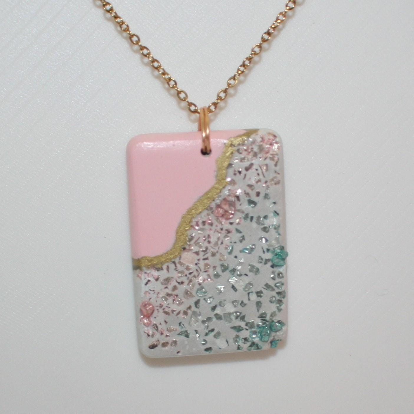 Handmade Concrete Pendant – Rose Gold Turquoise Inlay, Pink & Gold Accent - Image 5