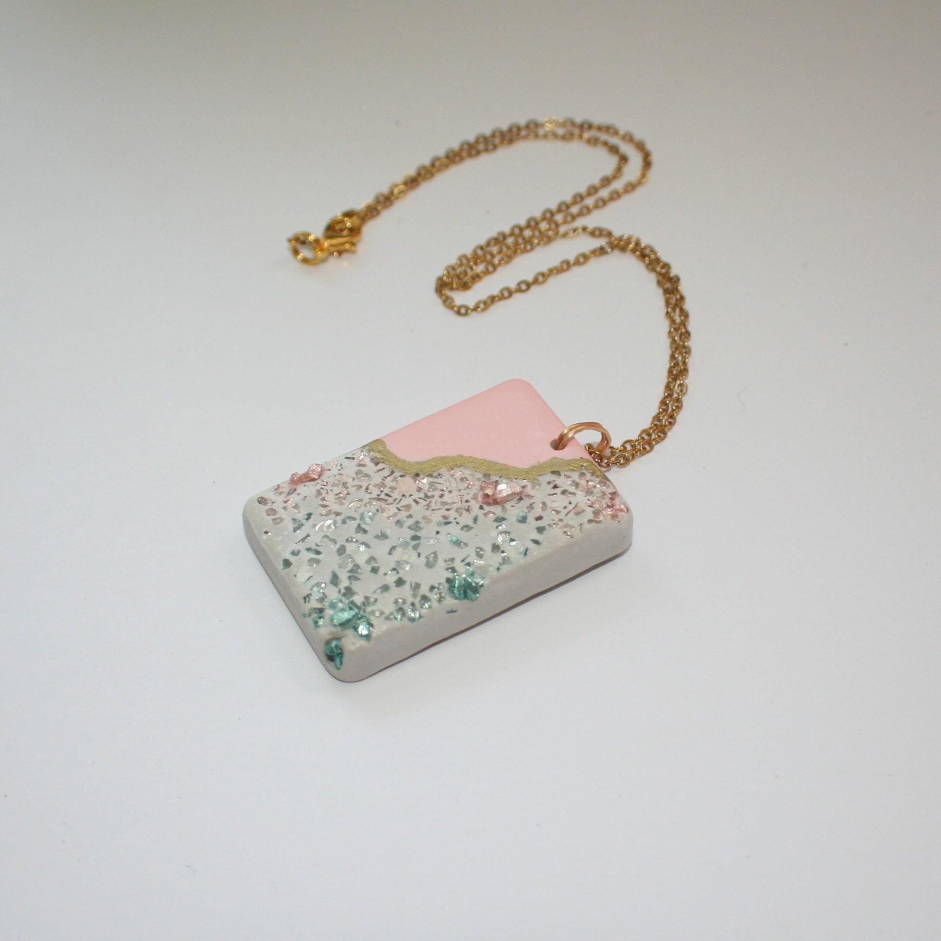 Handmade Concrete Pendant – Rose Gold Turquoise Inlay, Pink & Gold Accent - Image 6