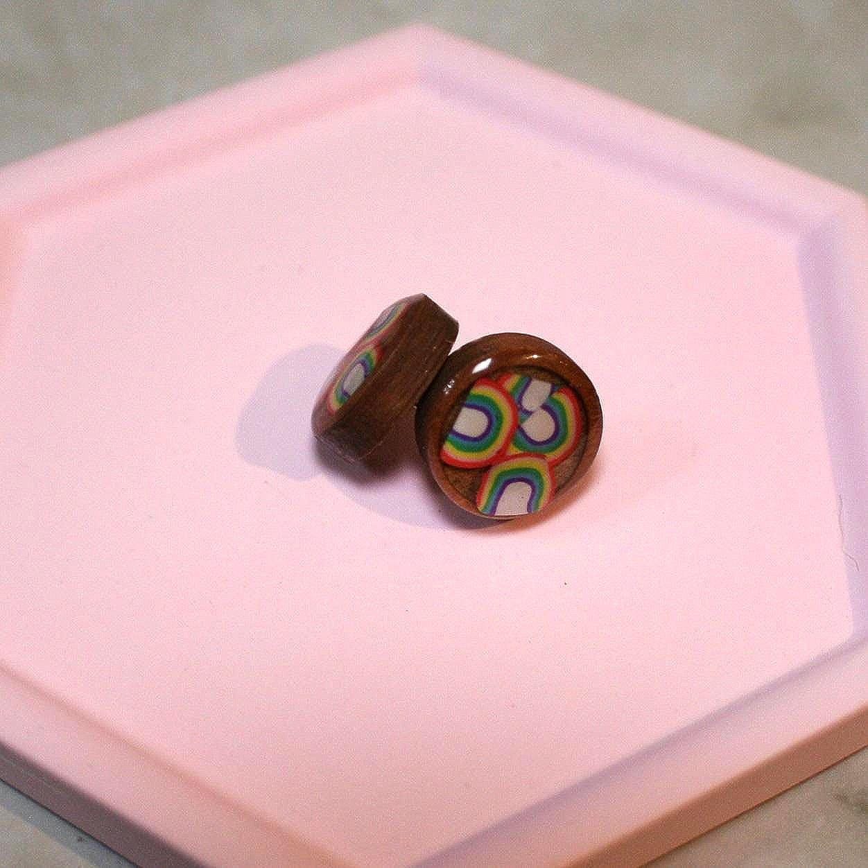 Handmade Wood & Resin Rainbow Stud Earrings – 12mm Round Stainless Steel Studs – LGBTQ+ Pride Jewelry - Image 4