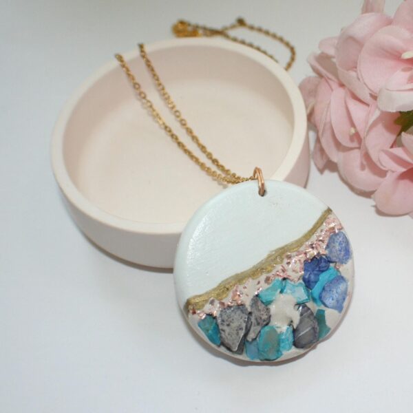 il_fullxfull.7581649188_p7x6 Handmade Concrete Pendant with Blue Stones & Rose Gold Accents – 1.75" Round Statement Necklace