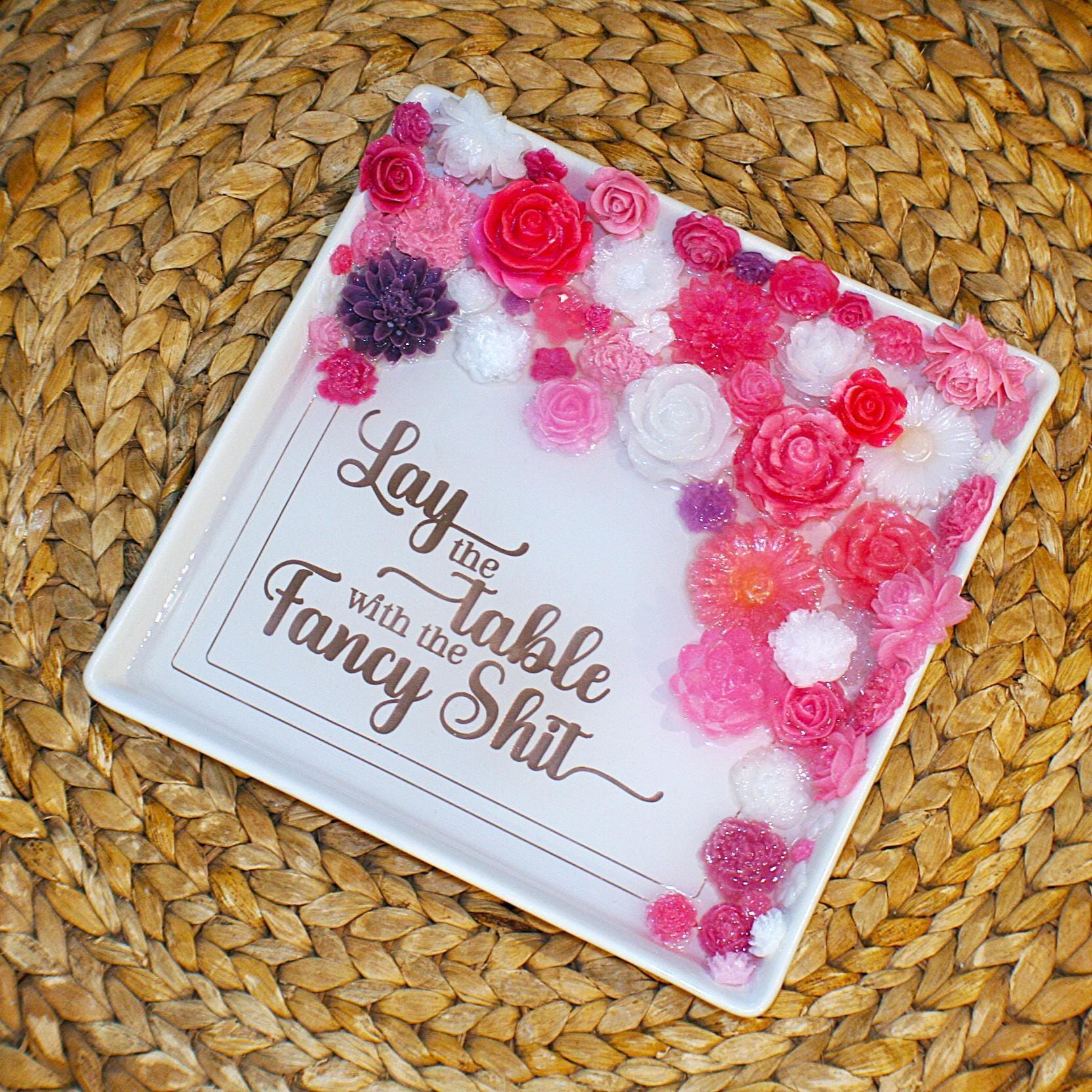 Floral Resin Tray: Pink, White & Rose Gold - Decorative Centerpiece
