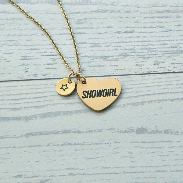 il_fullxfull.7581654554_ac1k Gold Showgirl Heart Necklace: Engraved Stainless Steel Pendant, Charm Accent