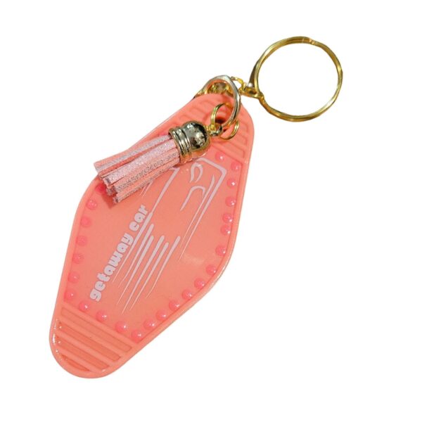 il_fullxfull.7581655708_9zx8 Getaway Car Motel Keychain: Coral Pink Rhinestone Tassel, Swiftie Gift