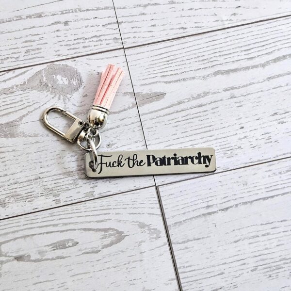 Fuck the Patriarchy Keychain – Engraved Stainless Steel Bar with Pink Tassel – Feminist Gift