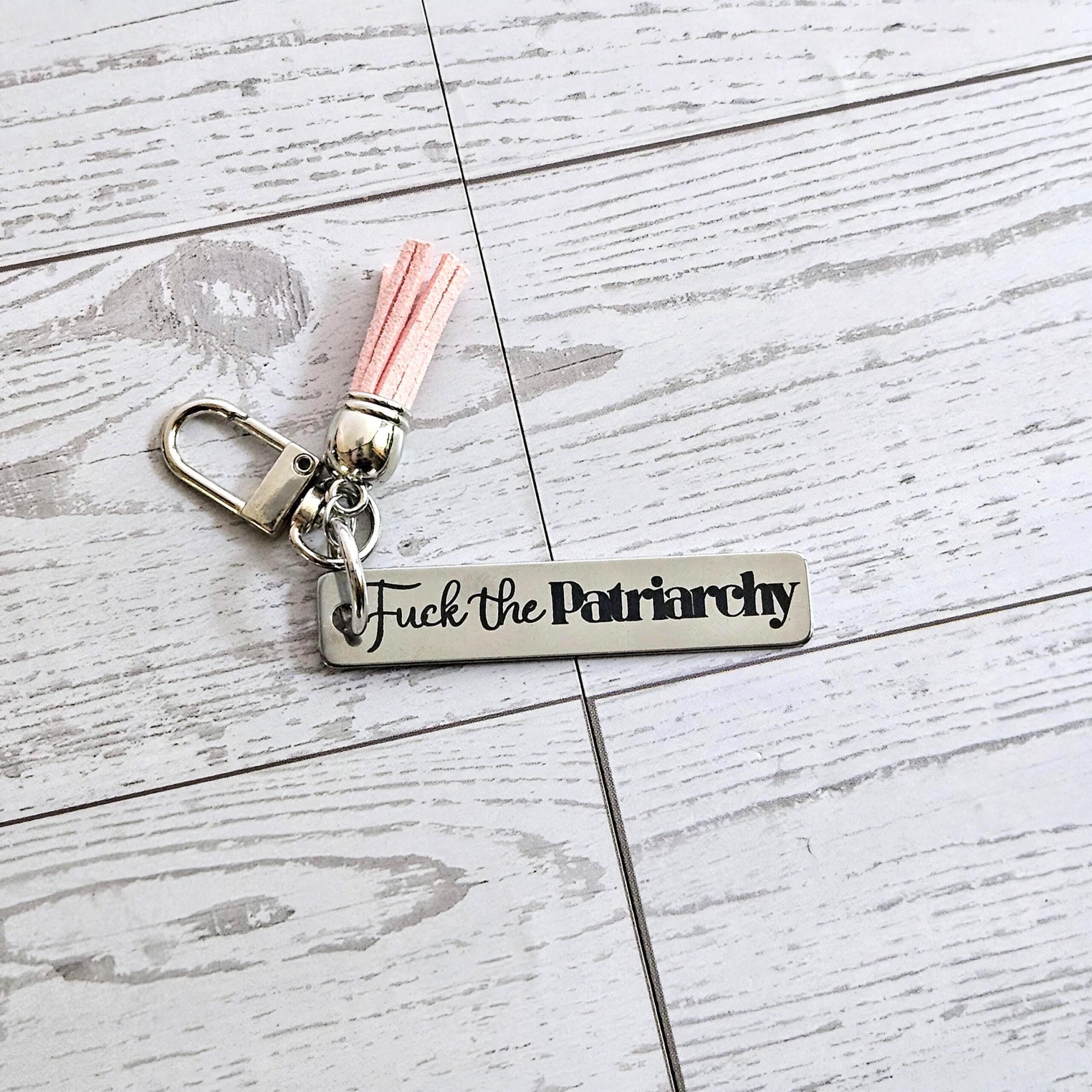 Fuck the Patriarchy Keychain – Engraved Stainless Steel Bar with Pink Tassel – Feminist Gift - Image 2