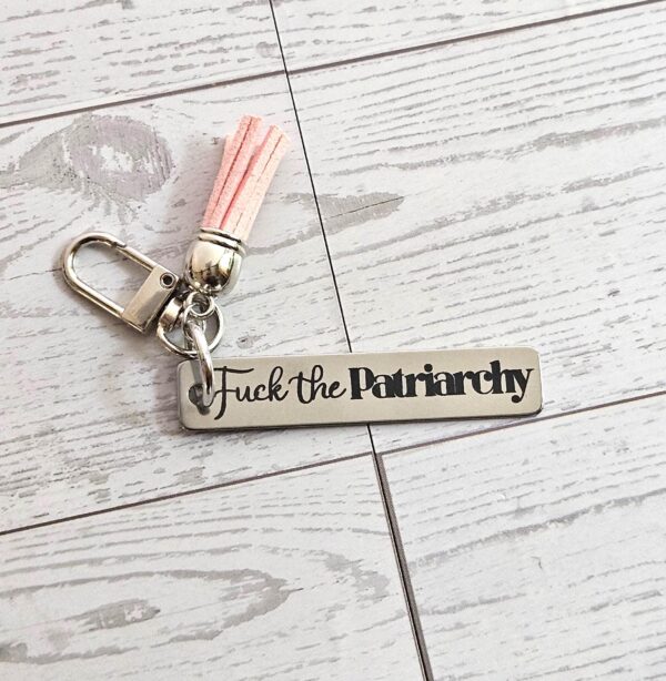 Fuck the Patriarchy Keychain – Engraved Stainless Steel Bar with Pink Tassel – Feminist Gift