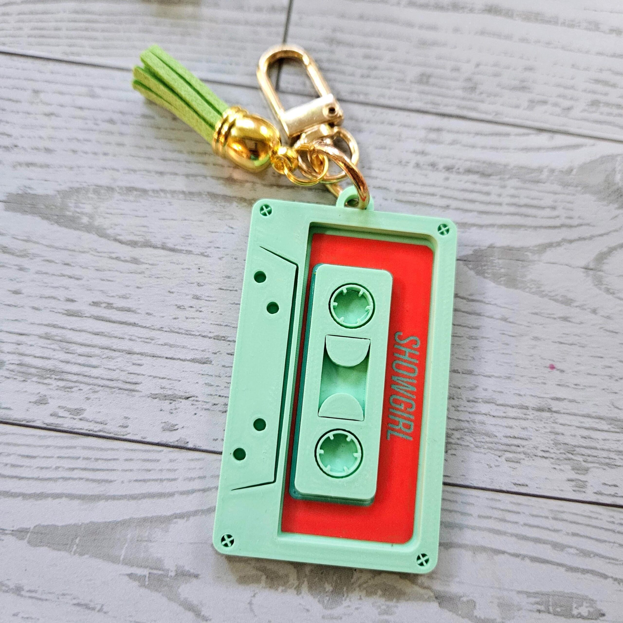 Showgirl Era Cassette Keychain – Personalized Retro Mixtape Bag Charm with Tassel - Image 2