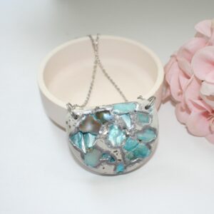 Handmade Concrete Pendant: Blue Iridescent Stone Inlay, Silver Chrome Accent