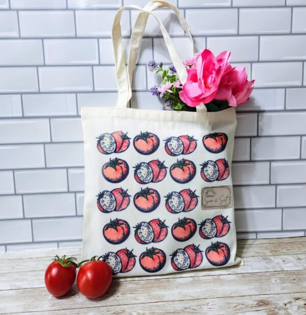 Tomato Tote Bag: Hand-Colored Canvas Grocery Bag with Leatherette Patch