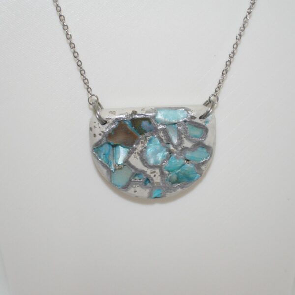 il_fullxfull.7581662570_5ybb-1 Handmade Concrete Pendant: Blue Iridescent Stone Inlay, Silver Chrome Accent