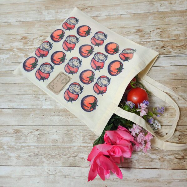 Tomato Tote Bag: Hand-Colored Canvas Grocery Bag with Leatherette Patch
