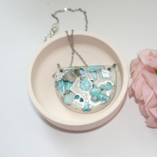 il_fullxfull.7581662790_dwdg Handmade Concrete Pendant: Blue Iridescent Stone Inlay, Silver Chrome Accent