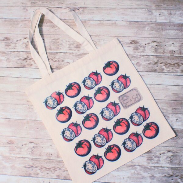 Tomato Tote Bag: Hand-Colored Canvas Grocery Bag with Leatherette Patch