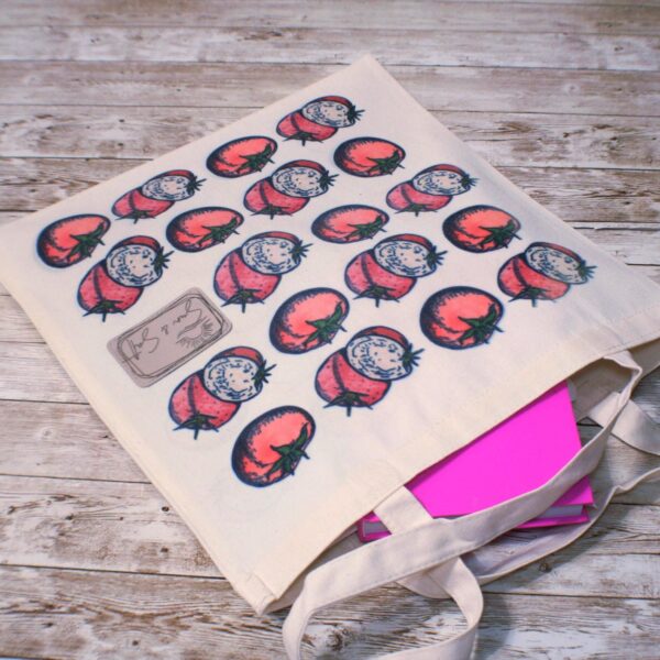 Tomato Tote Bag: Hand-Colored Canvas Grocery Bag with Leatherette Patch