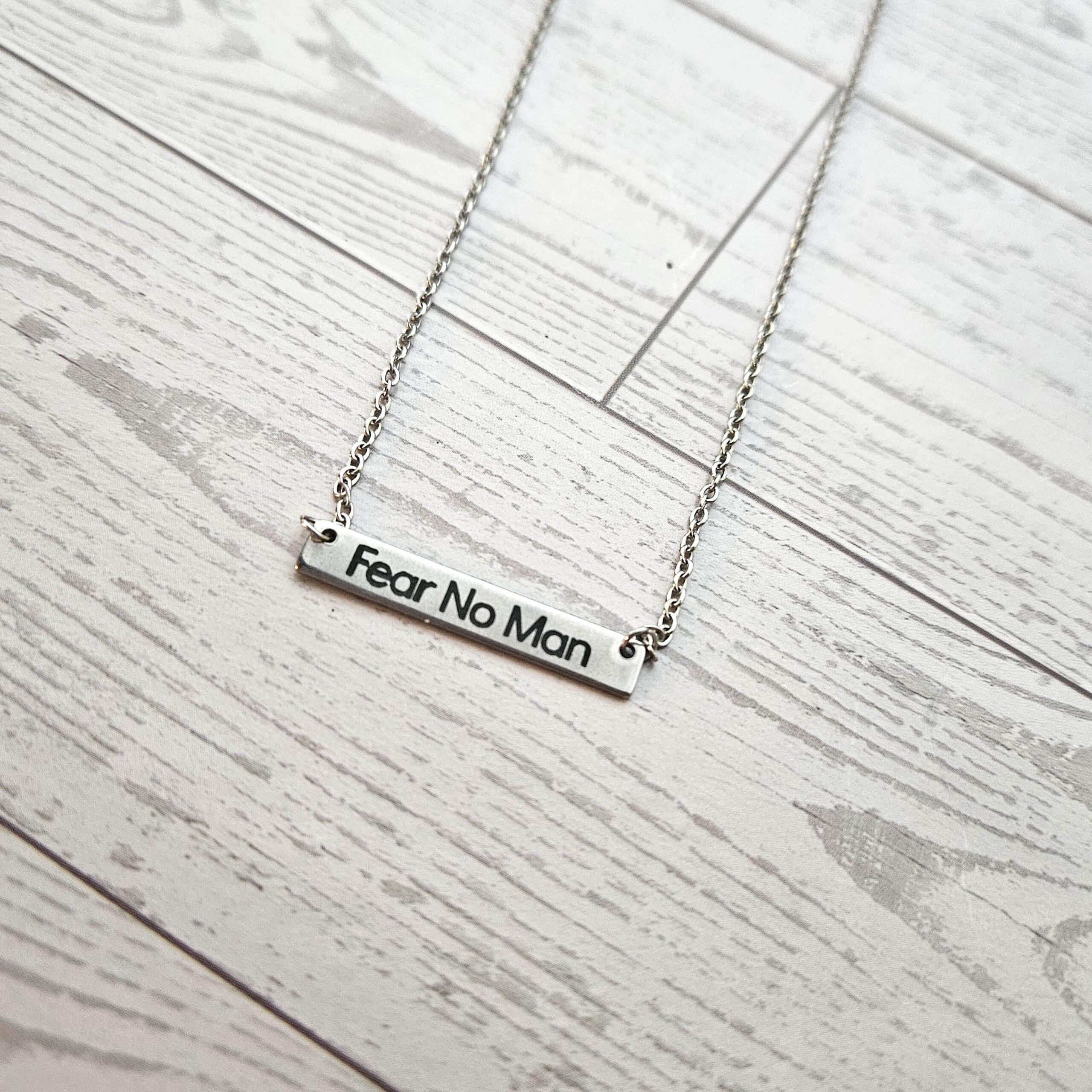 Fear No Man Necklace – Feminist Jewelry Gift – Stainless Steel Bar Pendant with Black Engraving - Image 5