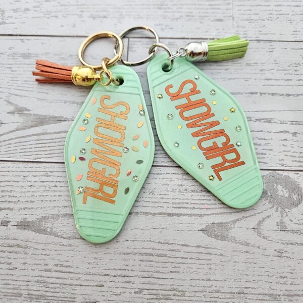 il_fullxfull.7581669120_bwdl-1 Rhinestone Showgirl Motel Keychain: Mint Green Glitter Resin Key Tag - Choose Style and Attachment