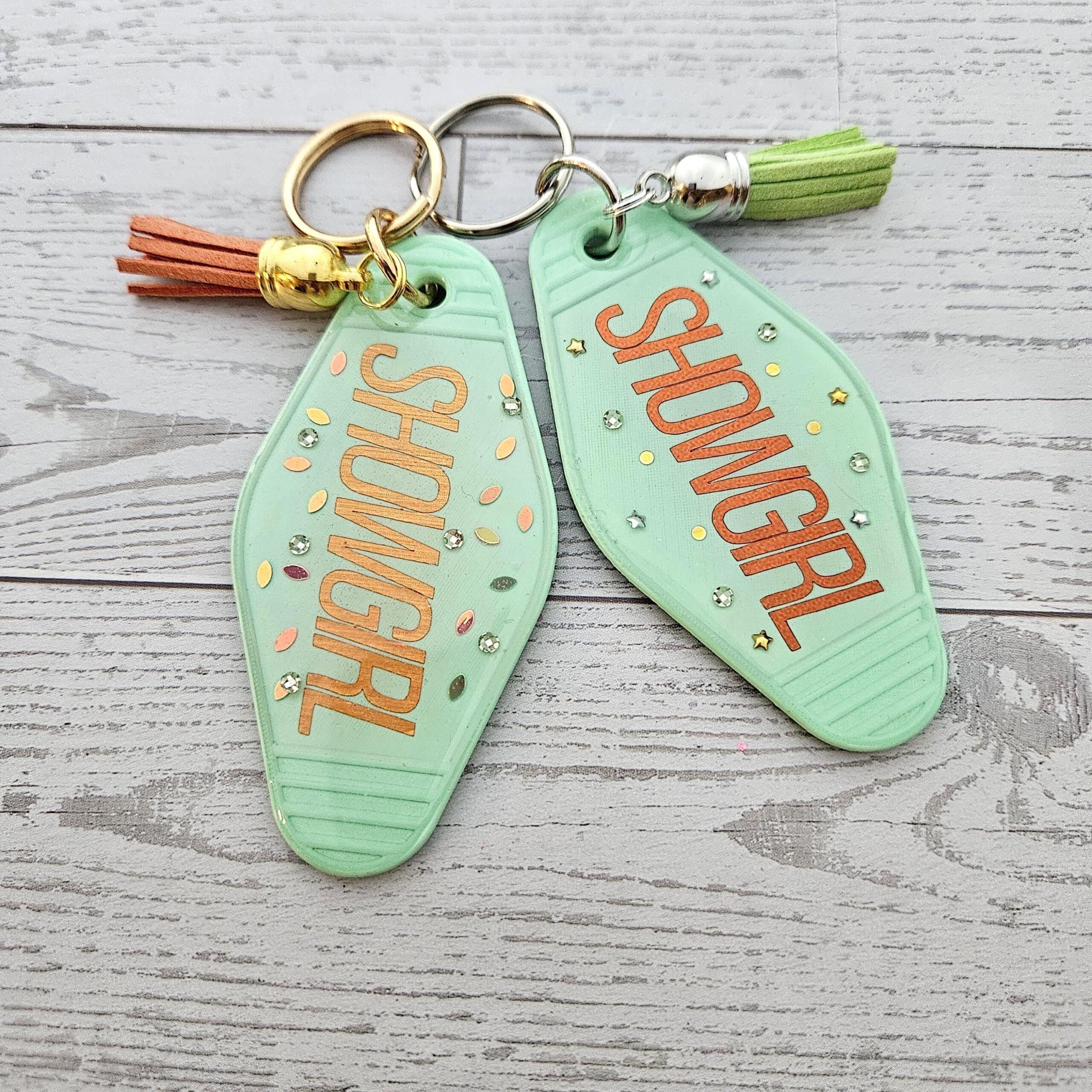Rhinestone Showgirl Motel Keychain: Mint Green Glitter Resin Key Tag - Choose Style and Attachment