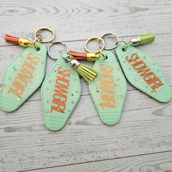 il_fullxfull.7581669238_dv2h-1 Rhinestone Showgirl Motel Keychain: Mint Green Glitter Resin Key Tag - Choose Style and Attachment