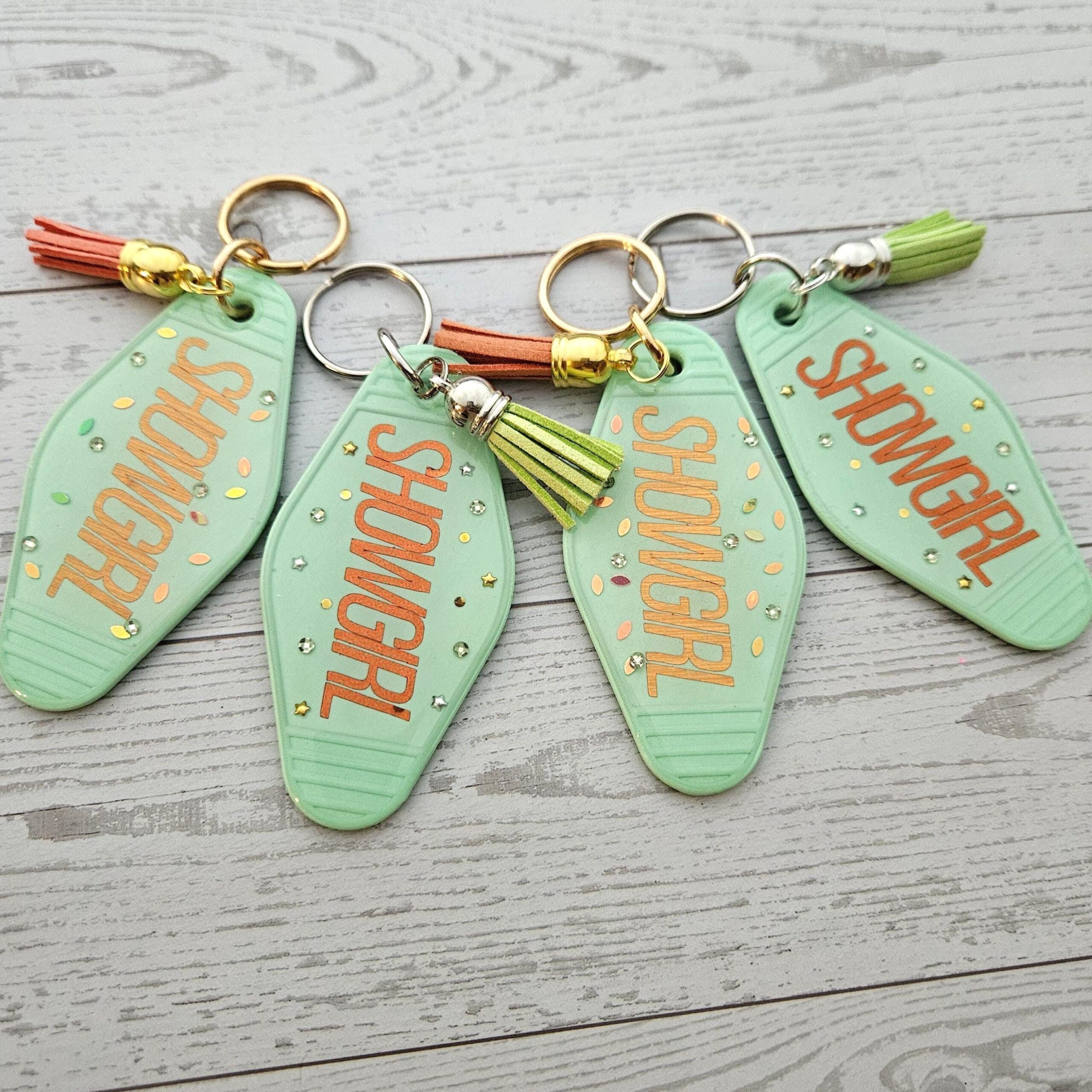 Rhinestone Showgirl Motel Keychain: Mint Green Glitter Resin Key Tag - Choose Style and Attachment - Image 2