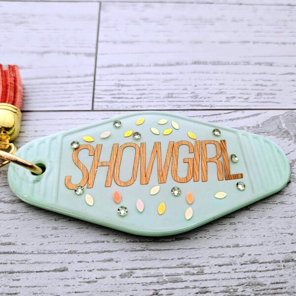 il_fullxfull.7581670158_24hb-1 Rhinestone Showgirl Motel Keychain: Mint Green Glitter Resin Key Tag - Choose Style and Attachment