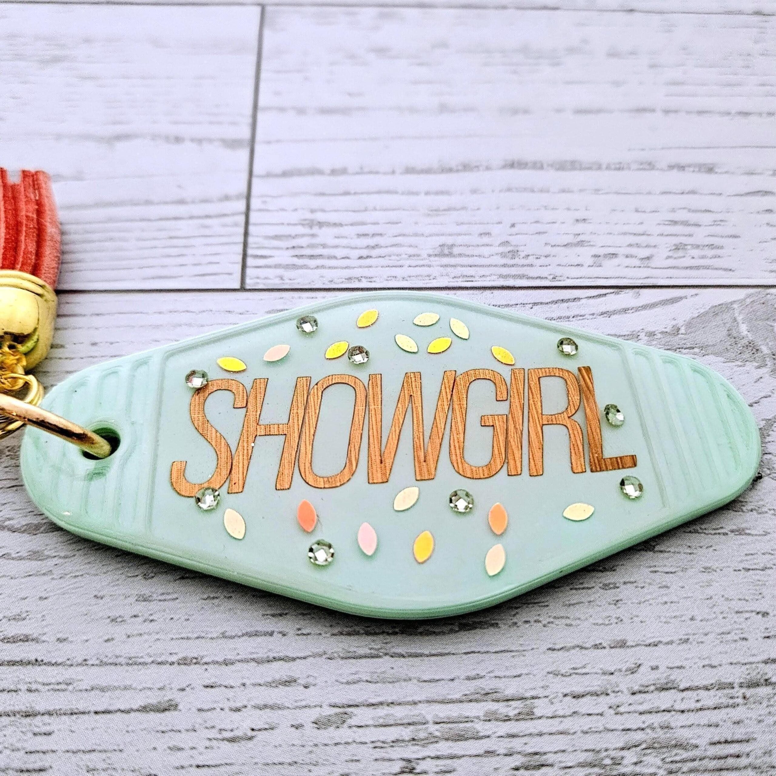 Rhinestone Showgirl Motel Keychain: Mint Green Glitter Resin Key Tag - Choose Style and Attachment - Image 8