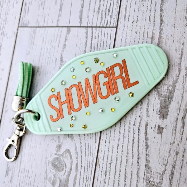il_fullxfull.7581670344_57s0-1 Rhinestone Showgirl Motel Keychain: Mint Green Glitter Resin Key Tag - Choose Style and Attachment