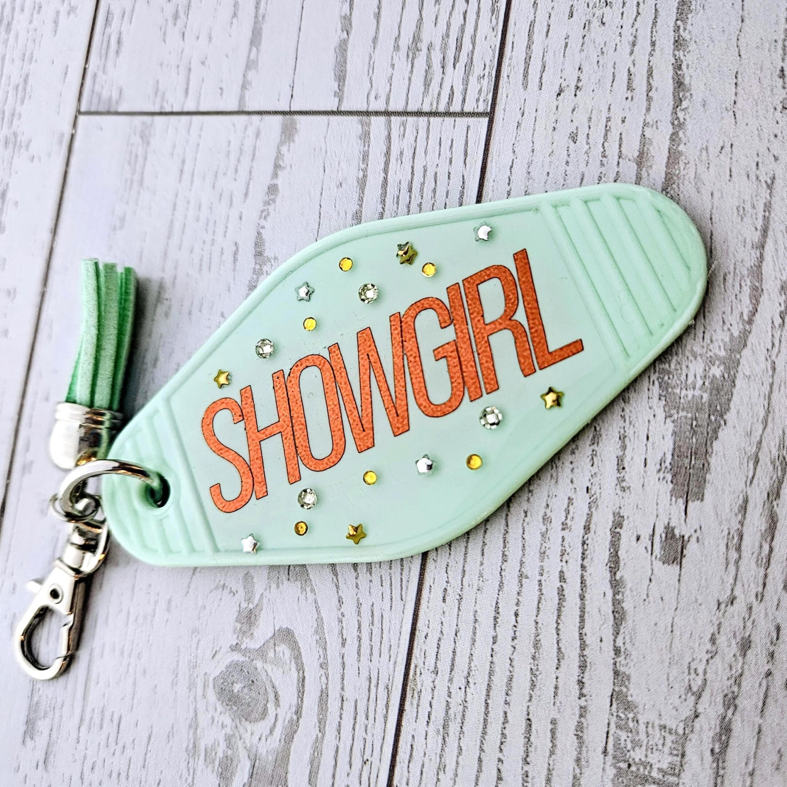 Rhinestone Showgirl Motel Keychain: Mint Green Glitter Resin Key Tag - Choose Style and Attachment - Image 9
