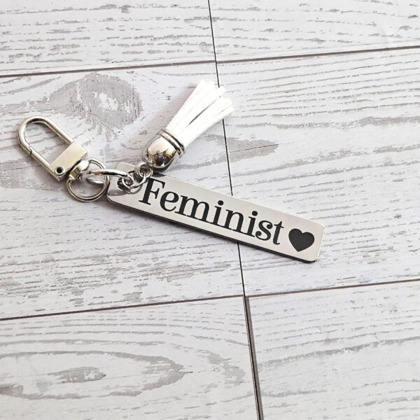 Feminist Keychain – Stainless Steel Statement Accessory with Pink Tassel – Feminist Gift