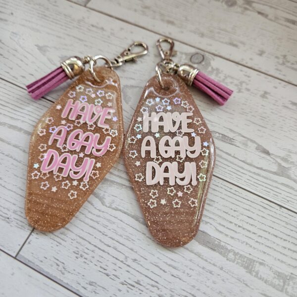 il_fullxfull.7581675190_g5n6-1 Retro "Have a Gay Day" Keychain: 3D Printed Glitter Pride Key Fob