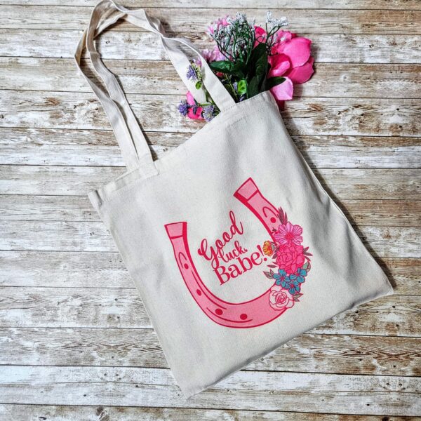 il_fullxfull.7581676710_82k5-1 Chappell Inspired Tote Bag, Good Luck Babe Floral Horseshoe Design, Pop Music Fan Bag