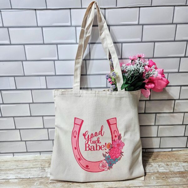 il_fullxfull.7581676816_2vir-1 Chappell Inspired Tote Bag, Good Luck Babe Floral Horseshoe Design, Pop Music Fan Bag