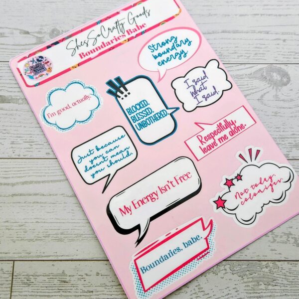 Undo Test Mutated 1781743931904 1 Your journal called—it wants more sass. 💅 Meet the Boundaries Babe Sticker Sheet, your new BFF for journaling, planning, and decorating literally everything in sight. Whether you’re tracking habits, chronicling your villain era 😈, or just adding a pop of personality to your pages, these stickers bring strong boundary energy and strong aesthetic game. With quotes like “My Energy Isn’t Free” and “Respectfully, Leave Me Alone,” this sheet is basically a self-care pep talk in vinyl form. 💡 Why You’l (1)