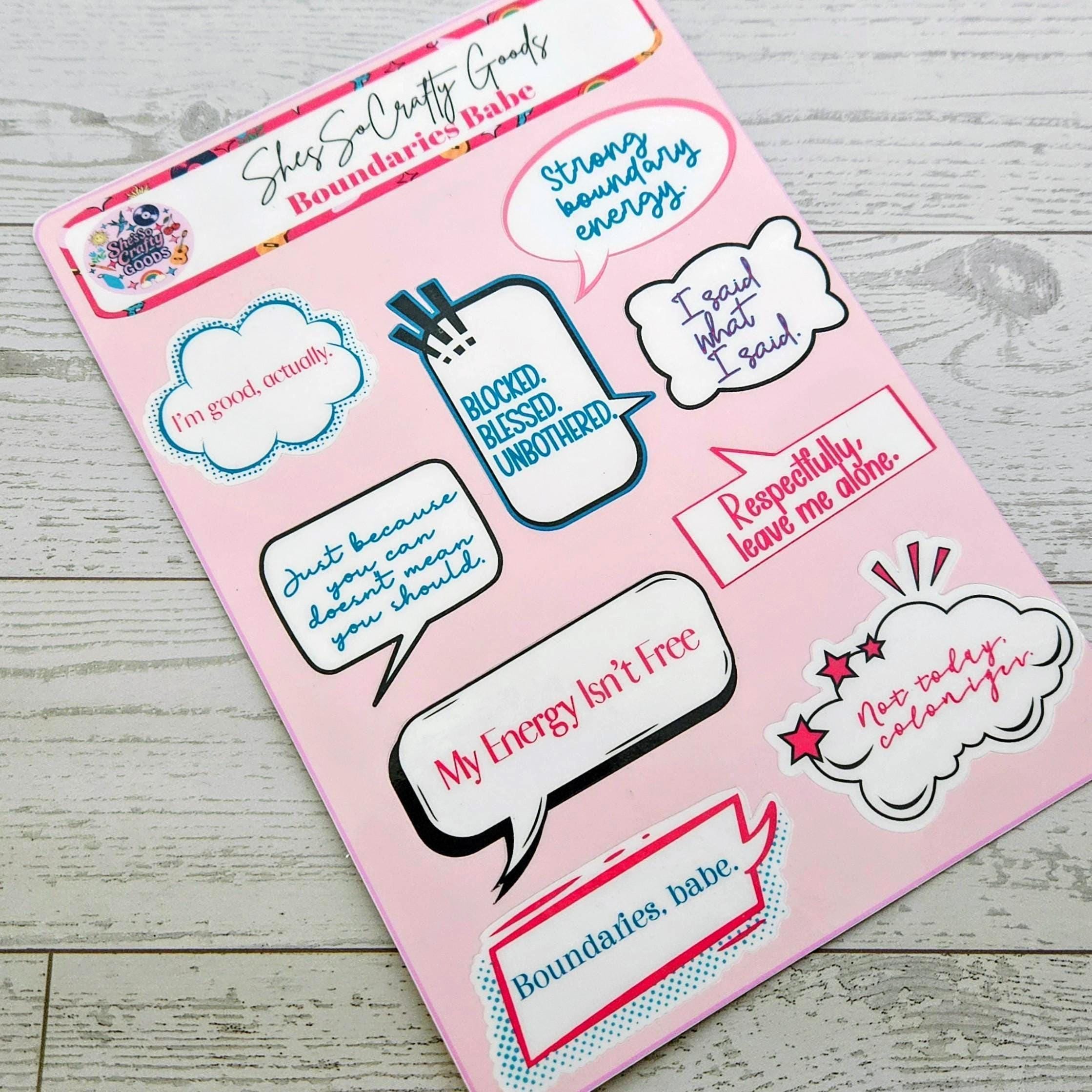Your journal called—it wants more sass. 💅 Meet the Boundaries Babe Sticker Sheet, your new BFF for journaling, planning, and decorating literally everything in sight. Whether you’re tracking habits, chronicling your villain era 😈, or just adding a pop of personality to your pages, these stickers bring strong boundary energy and strong aesthetic game. With quotes like “My Energy Isn’t Free” and “Respectfully, Leave Me Alone,” this sheet is basically a self-care pep talk in vinyl form. 💡 Why You’l (1)