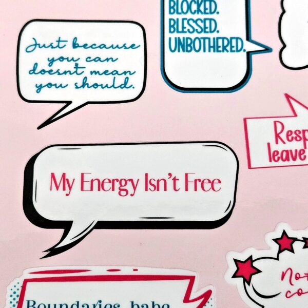 Undo Test Mutated 1781743931904 5 Your journal called—it wants more sass. 💅 Meet the Boundaries Babe Sticker Sheet, your new BFF for journaling, planning, and decorating literally everything in sight. Whether you’re tracking habits, chronicling your villain era 😈, or just adding a pop of personality to your pages, these stickers bring strong boundary energy and strong aesthetic game. With quotes like “My Energy Isn’t Free” and “Respectfully, Leave Me Alone,” this sheet is basically a self-care pep talk in vinyl form. 💡 Why You’l (5)