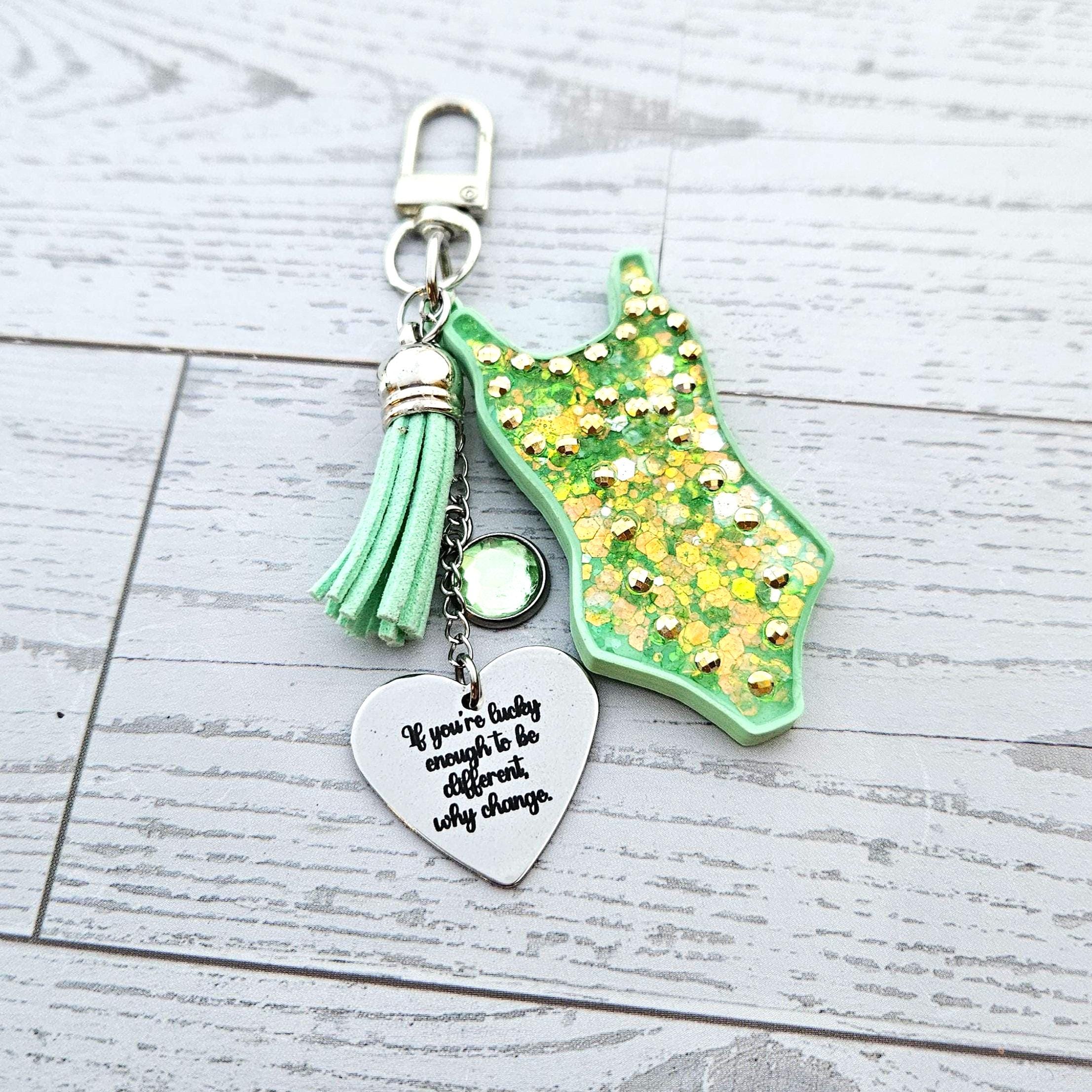 Custom Showgirl Eras Bodysuit Keychain – Personalized Glitter Resin Bag Charm with Engraved Quote - Image 5