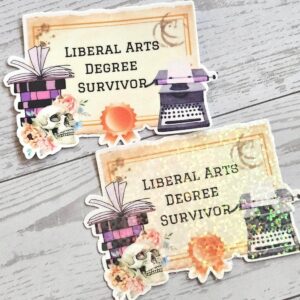 You survived the degree, but you are definitely still paying for it. Wear your literary trauma with absolute pride! Our Liberal Arts Degree Survivor sticker is the ultimate mix of academic humor, dark relatable truths, and a tiny bit of existential dread. Designed to look like a vintage certificate surrounded by a gothic skull, blooming florals, a retro typewriter, and a stack of classic novels, this is a degree you will actually want to show off on your favorite tumbler. Accurate Details: The S (1)