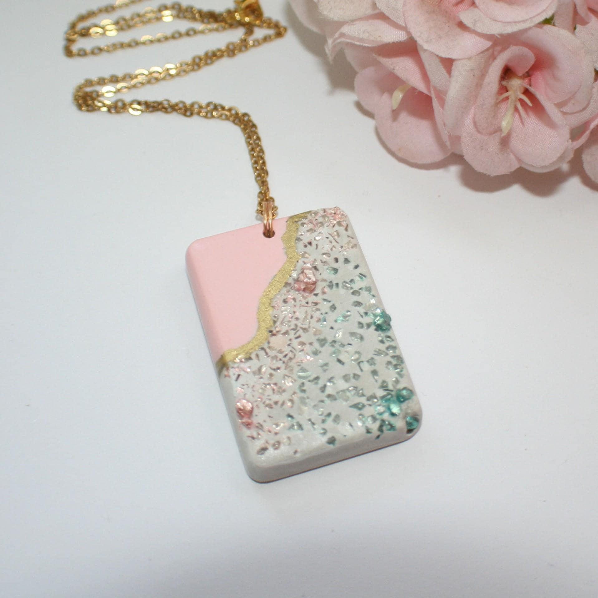 Handmade Concrete Pendant – Rose Gold Turquoise Inlay, Pink & Gold Accent