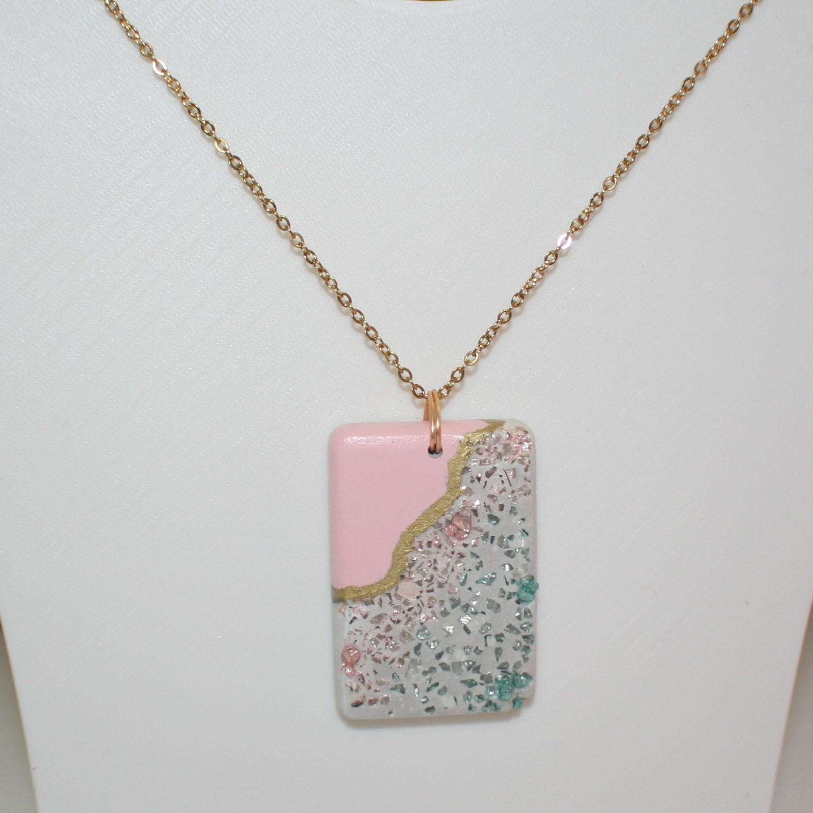Handmade Concrete Pendant – Rose Gold Turquoise Inlay, Pink & Gold Accent - Image 4