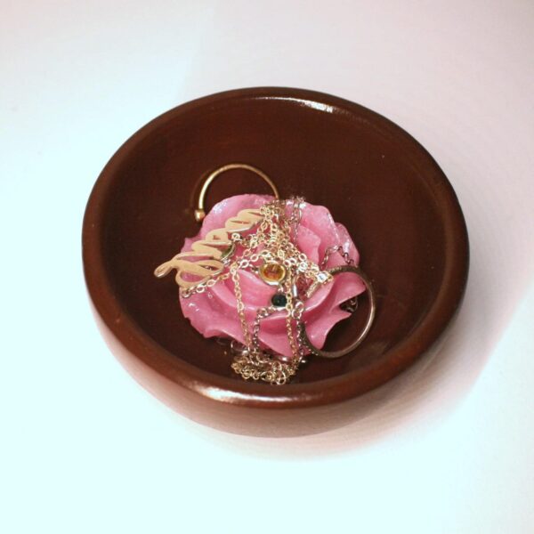 Bamboo Ring Dish - Rich Brown Floral Resin Accent Jewelry Holder