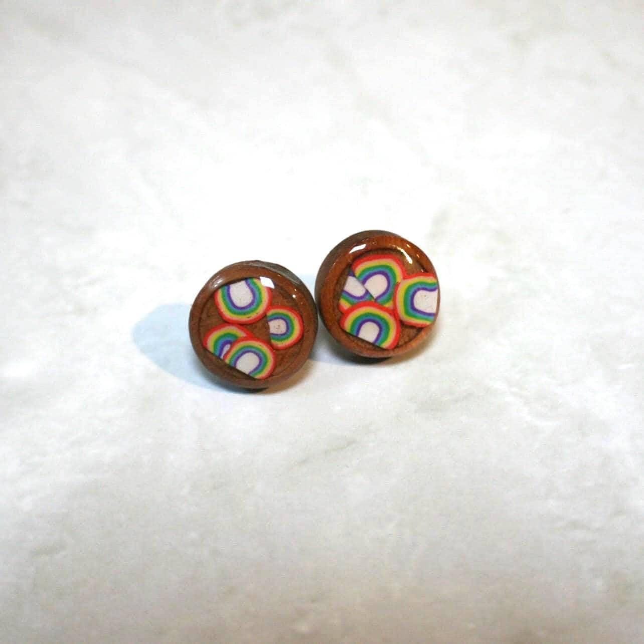 Handmade Wood & Resin Rainbow Stud Earrings – 12mm Round Stainless Steel Studs – LGBTQ+ Pride Jewelry - Image 2