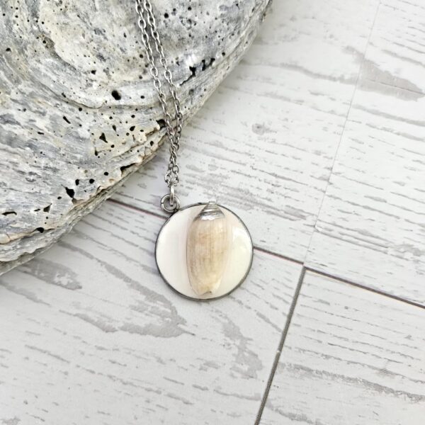 il_fullxfull.7629590479_b03l-2 Lettered Olive Shell Necklace: Silver Chrome Tip, Coastal Pendant