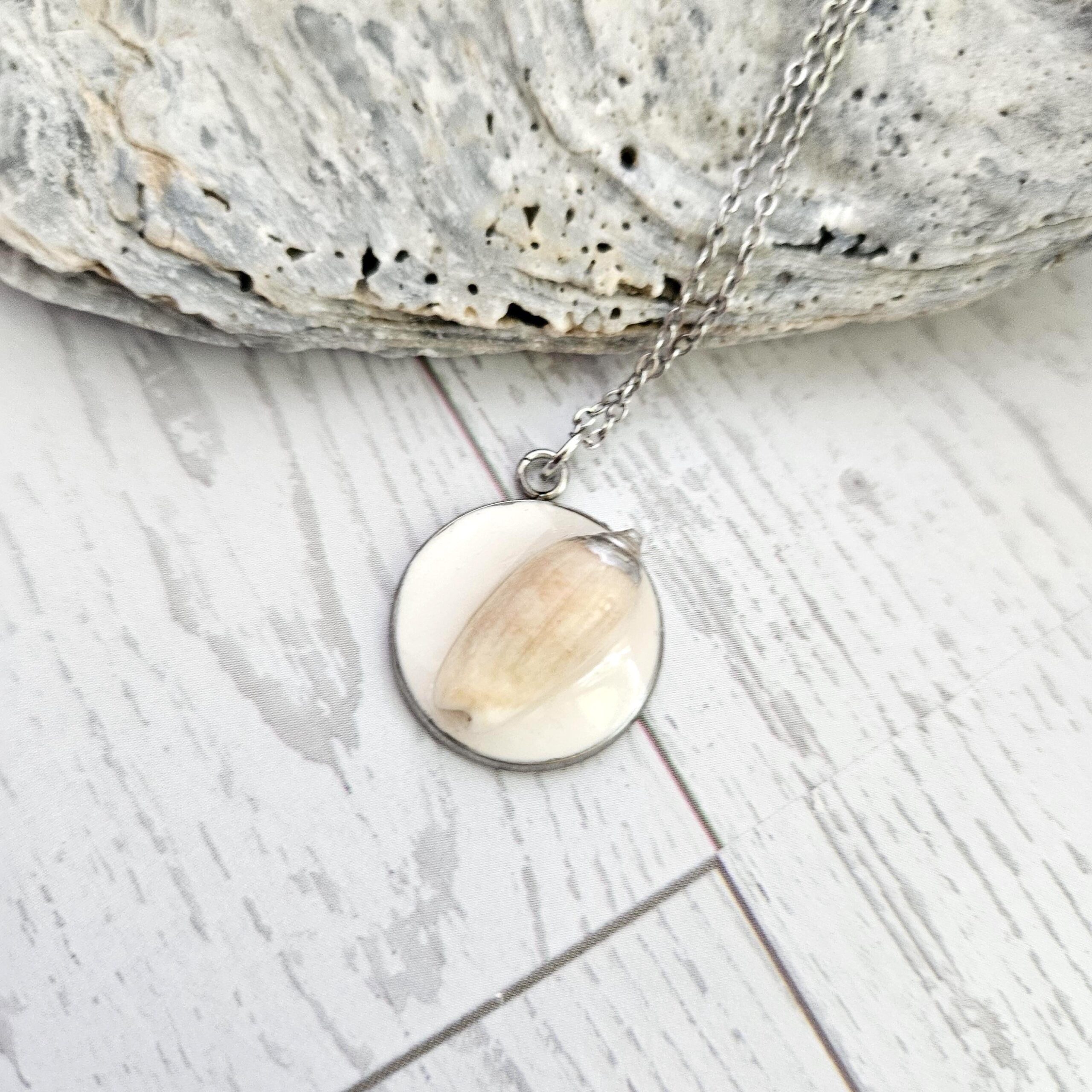 Lettered Olive Shell Necklace: Silver Chrome Tip, Coastal Pendant - Image 2