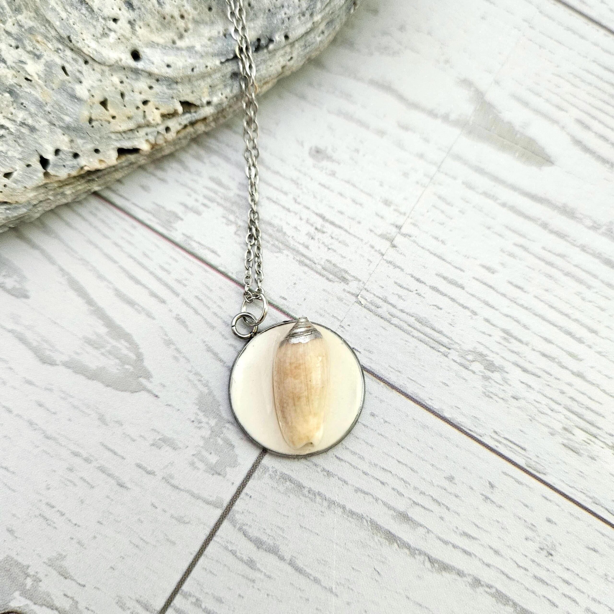 Lettered Olive Shell Necklace: Silver Chrome Tip, Coastal Pendant - Image 3