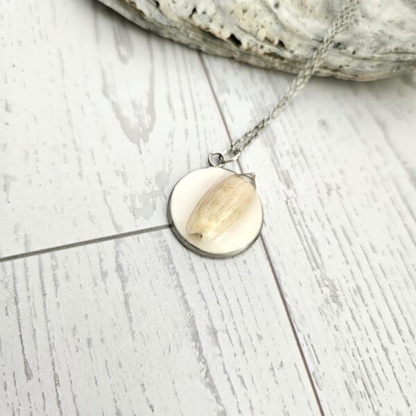 il_fullxfull.7629590905_7rp4-1 Lettered Olive Shell Necklace: Silver Chrome Tip, Coastal Pendant