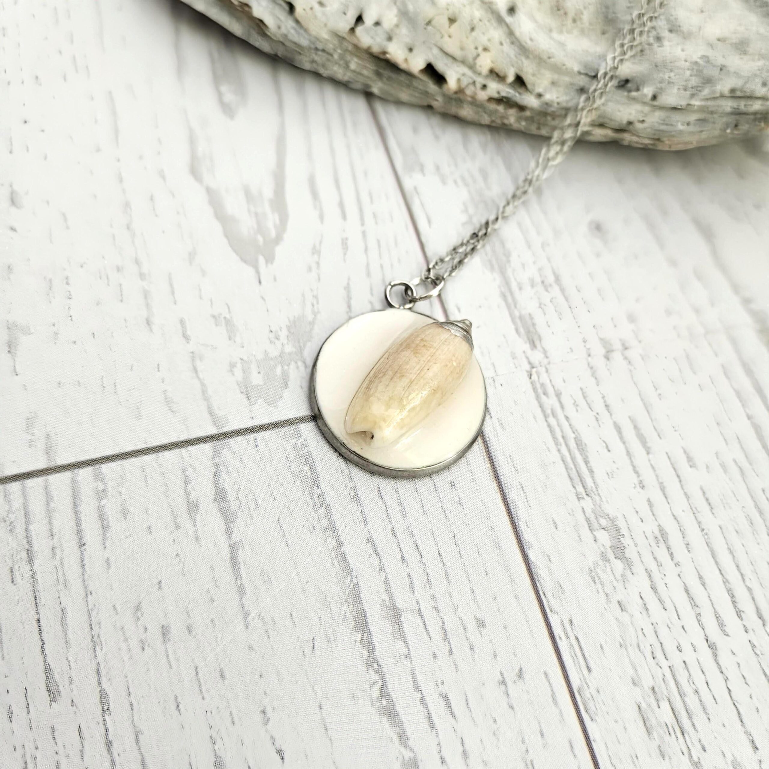 Lettered Olive Shell Necklace: Silver Chrome Tip, Coastal Pendant - Image 5