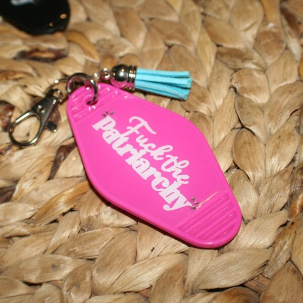 il_fullxfull.7629593345_8t9i Fuck the Patriarchy Motel Key, Feminist Bag Charm, Activist Gift