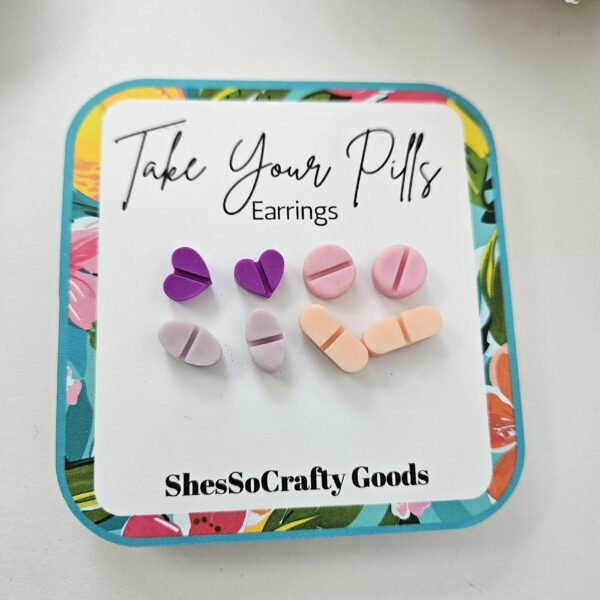 il_fullxfull.7629594165_jeib Polymer Clay Pill Earrings: Mental Health Studs, Quirky Gift Set
