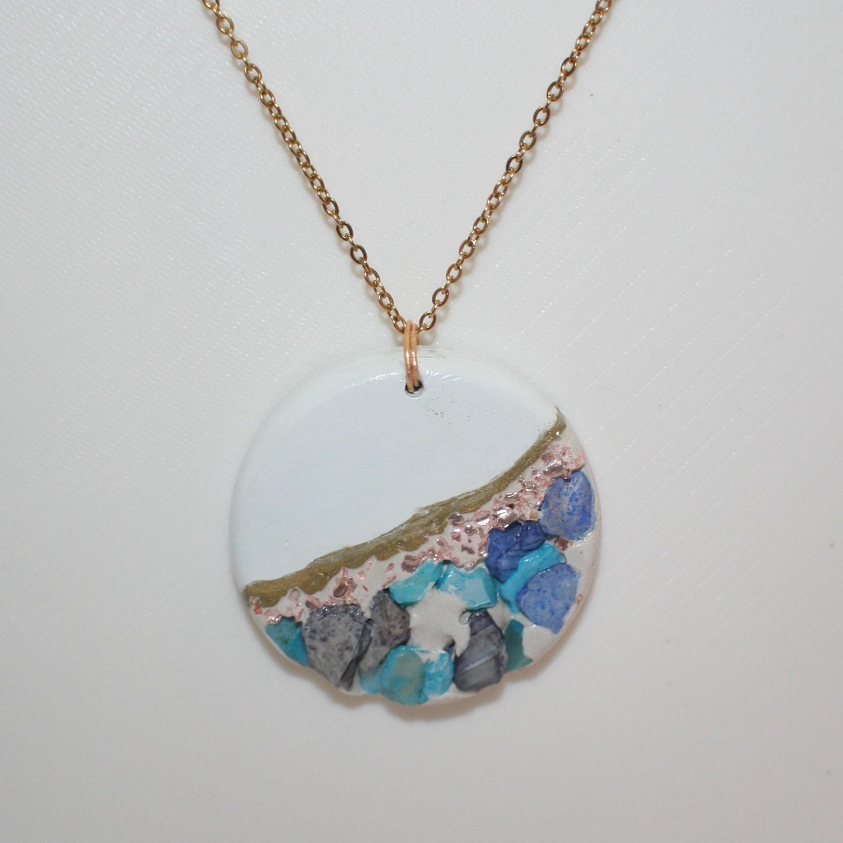 Handmade Concrete Pendant with Blue Stones & Rose Gold Accents – 1.75" Round Statement Necklace - Image 2