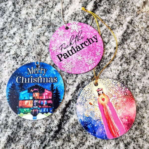 Tay-Inspired Ornament Set – Fuck the Patriarchy, Lover House, and Saint Swift Ornaments