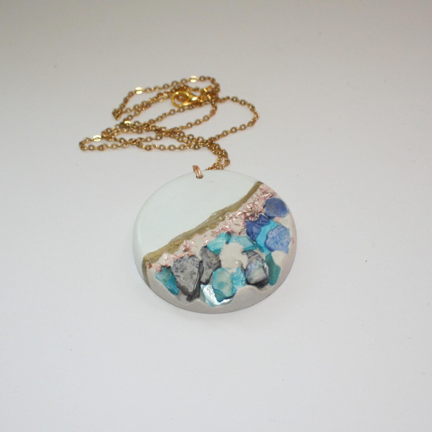 Handmade Concrete Pendant with Blue Stones & Rose Gold Accents – 1.75" Round Statement Necklace - Image 3